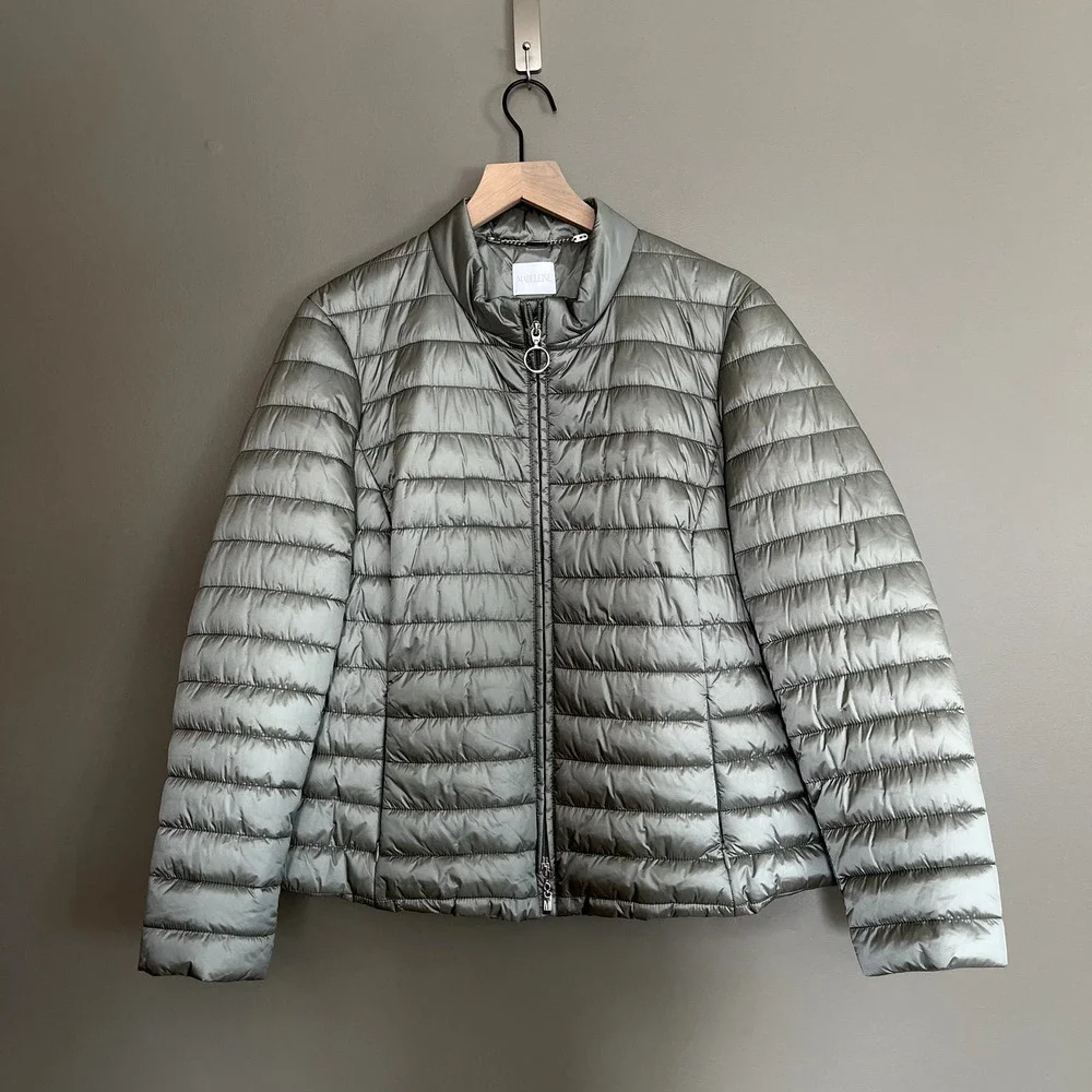 NWOT Madeleine Quilted Jacket Sage‎ Green Size 16 Puffer Full Zip Ruffle Back